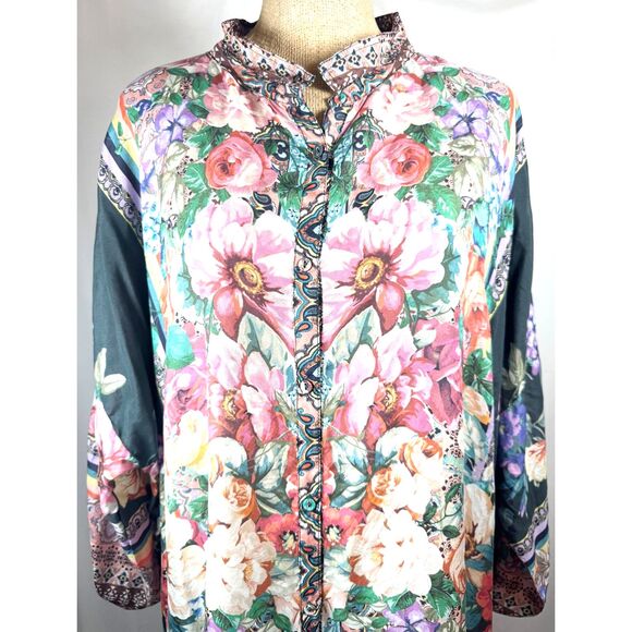 Johnny Was SILK Floral Bethia Mixed-Print Button Long-Sleeve PLUS Kimono Top - Picture 1 of 12